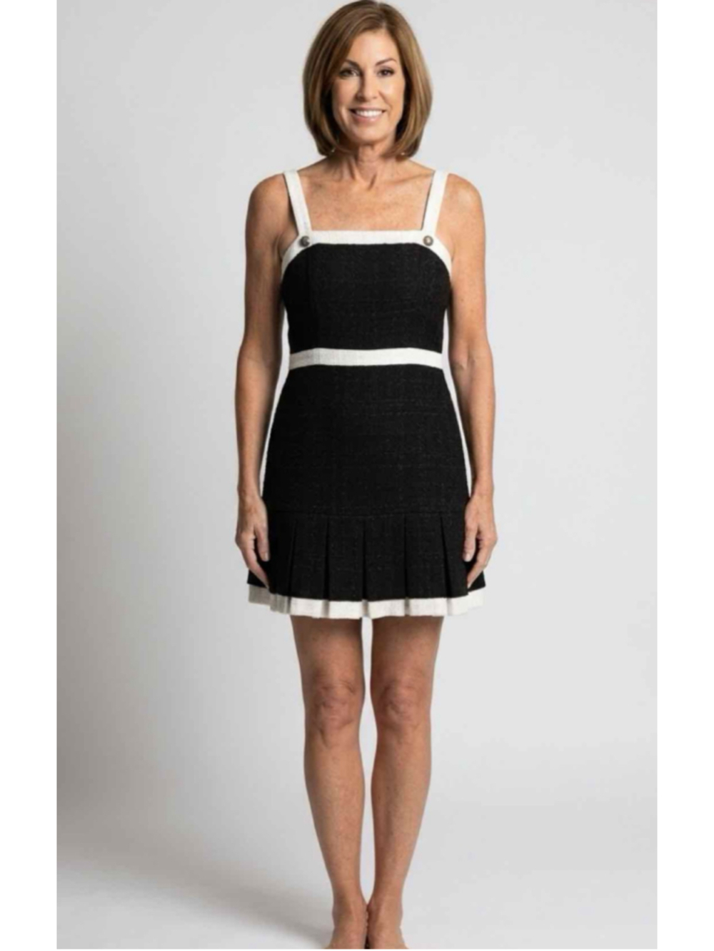 Alice + Olivia Clarine Square Neck Pleated Tweed Mini Dress Black White, 6